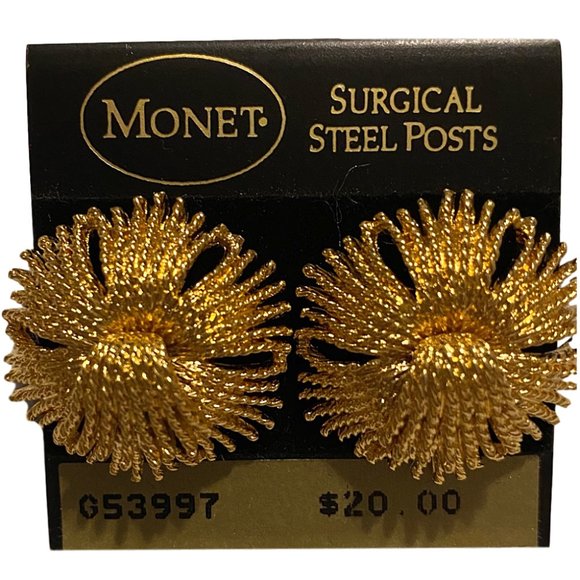 Monet Dramatic Golden Flower Pierced Earrings NEW